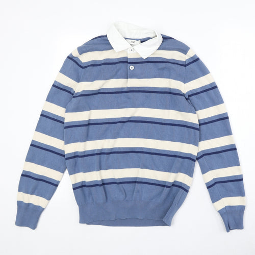 Marks and Spencer Mens Blue Collared Striped Cotton Pullover Jumper Size M Long Sleeve