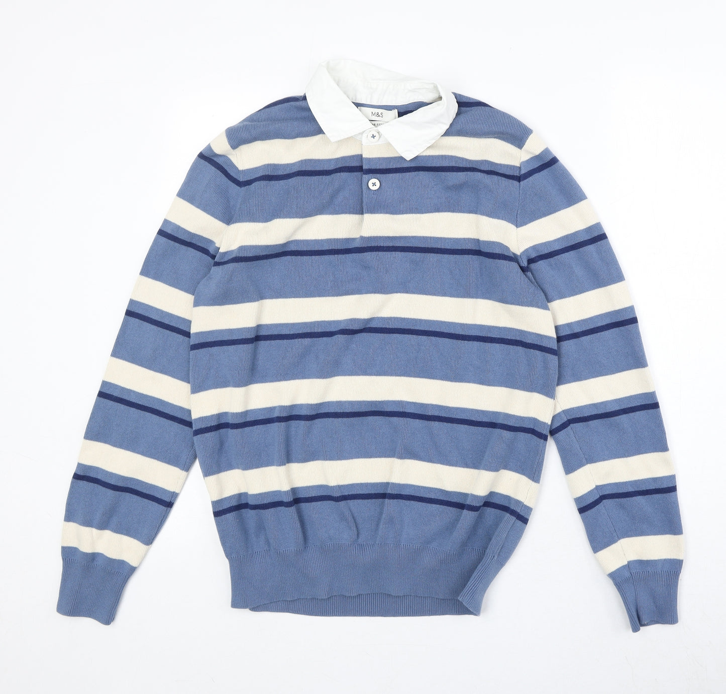 Marks and Spencer Mens Blue Collared Striped Cotton Pullover Jumper Size M Long Sleeve