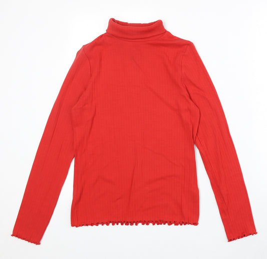 Marks and Spencer Girls Red Cotton Basic T-Shirt Size 13-14 Years Roll Neck Pullover