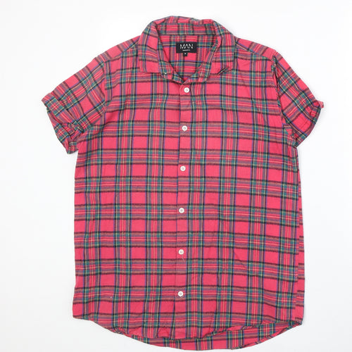 Boohoo Mens Pink Plaid Cotton Button-Up Size M Collared Button