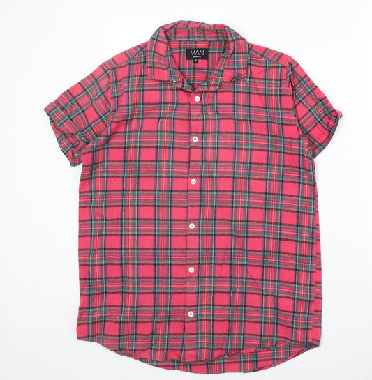 Boohoo Mens Pink Plaid Cotton Button-Up Size M Collared Button