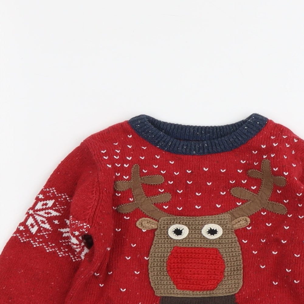 NEXT Boys Red Round Neck Acrylic Pullover Jumper Size 3-4 Years Pullover - Reindeer Christmas