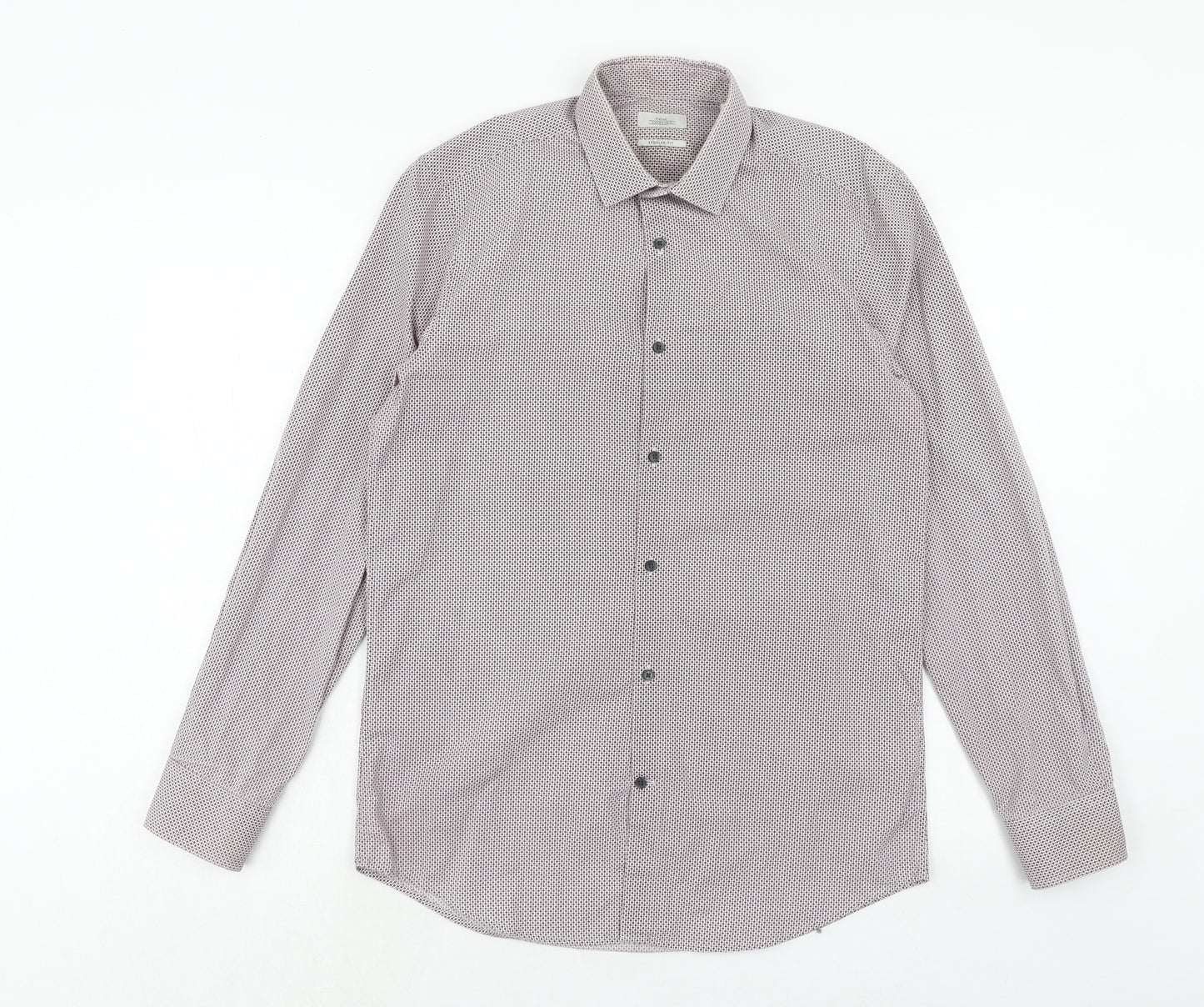NEXT Mens Purple Geometric Polyester Button-Up Size 15 Collared Button