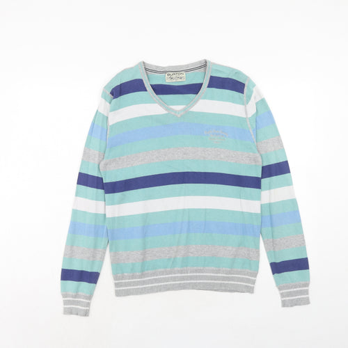 Burton Mens Blue V-Neck Striped Cotton Pullover Jumper Size S Long Sleeve