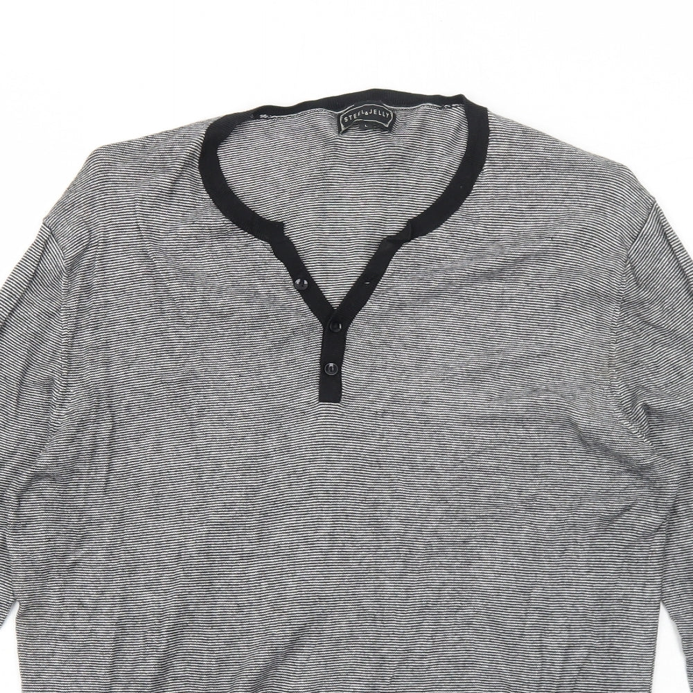 Steel & Jelly Mens Black V-Neck Striped Cotton Pullover Jumper Size L Long Sleeve