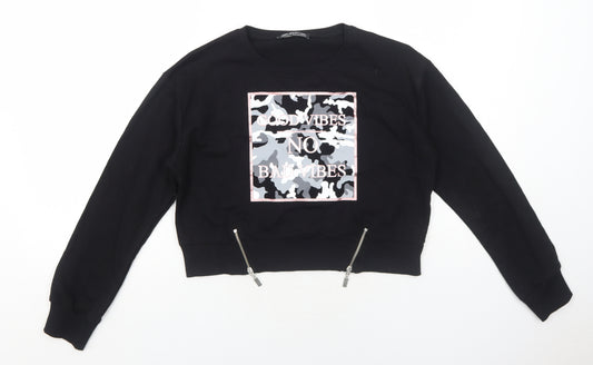 Select Girls Black Cotton Pullover Sweatshirt Size 12-13 Years Pullover - Good Vibes No Bad Vibes