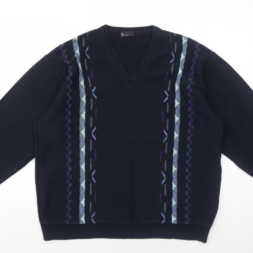 BHS Mens Blue V-Neck Geometric Cotton Pullover Jumper Size M Long Sleeve
