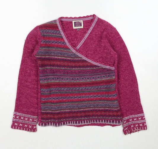 Fat Face Girls Pink V-Neck Geometric Wool Pullover Jumper Size 8-9 Years Pullover