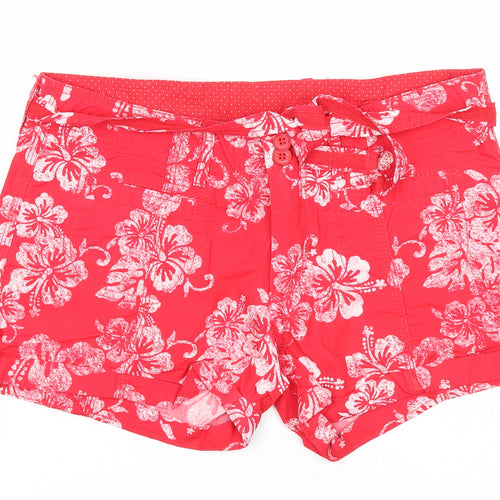 Madonna Womens Red Floral Cotton Basic Shorts Size M Regular Zip