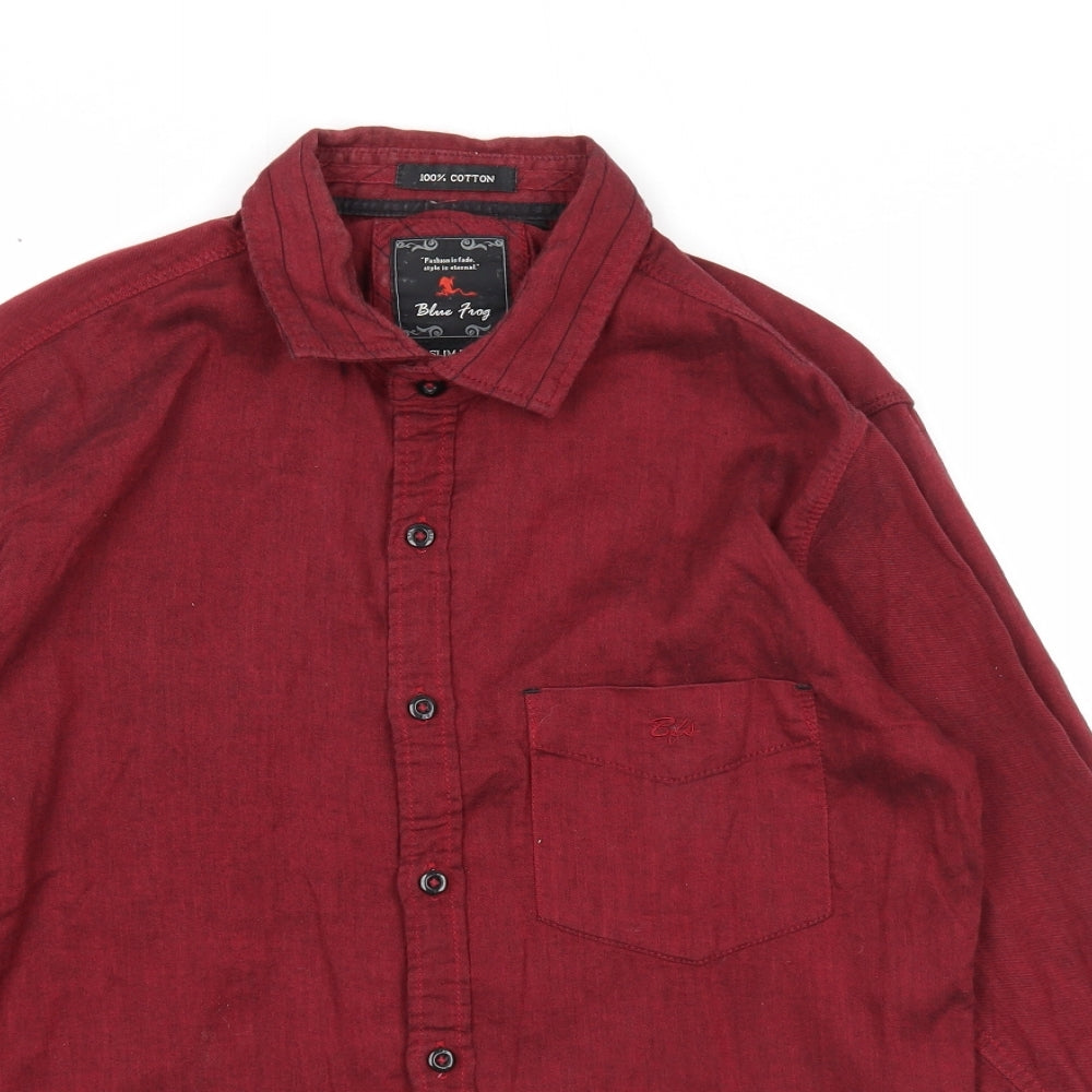 Blue Frog Mens Red Cotton Button-Up Size S Collared Button