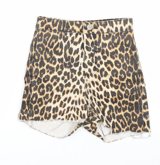 Topshop Womens Brown Animal Print Cotton Boyfriend Shorts Size 25 in Regular Zip - Leopard Print, Waist 21 inches