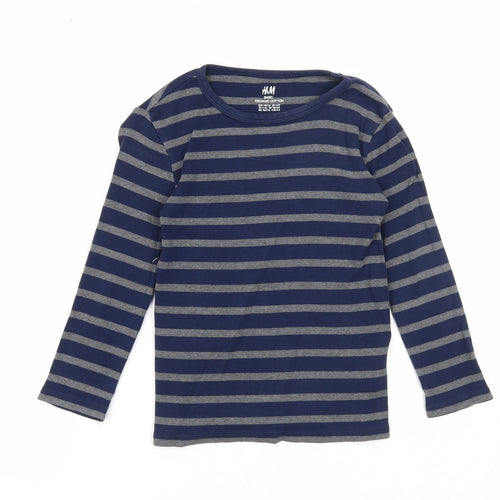H&M Boys Blue Striped Cotton Basic T-Shirt Size 5-6 Years Round Neck Pullover