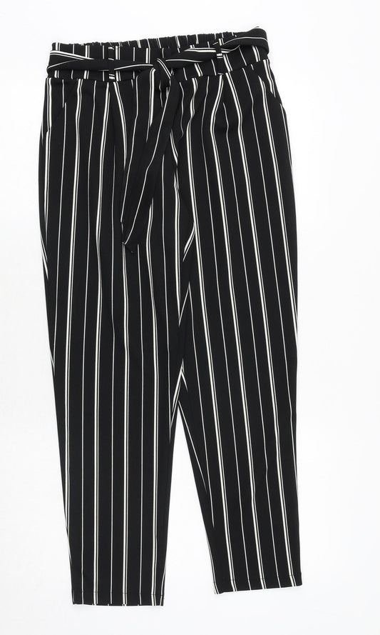 DEFACTO Womens Black Striped Polyester Trousers Size M Regular Tie