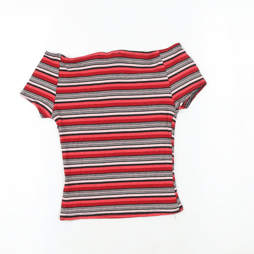 New Look Girls Red Striped Polyester Pullover T-Shirt Size 10-11 Years Off the Shoulder Pullover - Ribbed