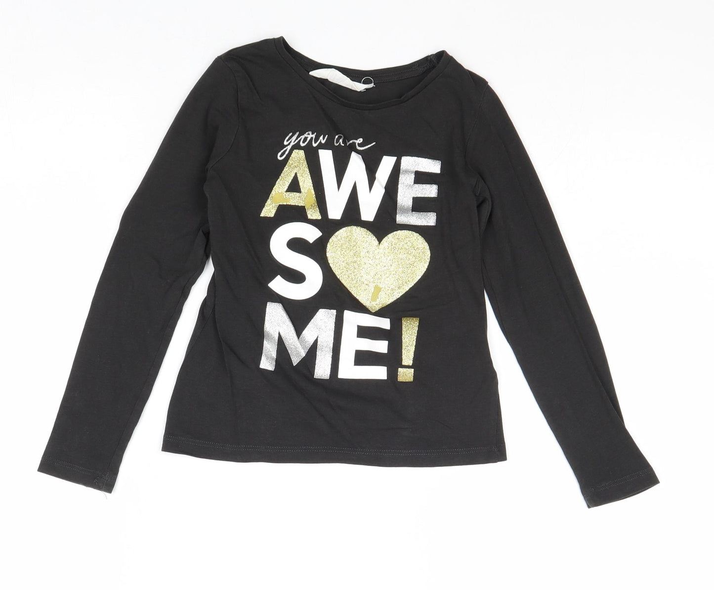 H&M Girls Black Cotton Pullover T-Shirt Size 5-6 Years Boat Neck Pullover - Awesome