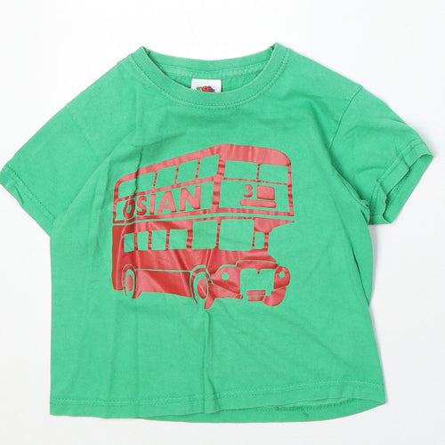 Fruit of the Loom Boys Green 100% Cotton Basic T-Shirt Size 3-4 Years Round Neck Pullover - Bus