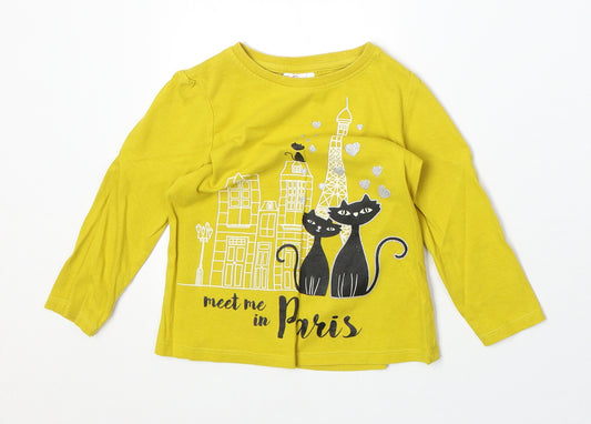 So Cute Girls Yellow 100% Cotton Pullover T-Shirt Size 2-3 Years Boat Neck Pullover - Paris Cats
