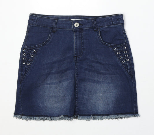 Debenhams Girls Blue Cotton Mini Skirt Size 12 Years Regular Zip - Lace Up Detail