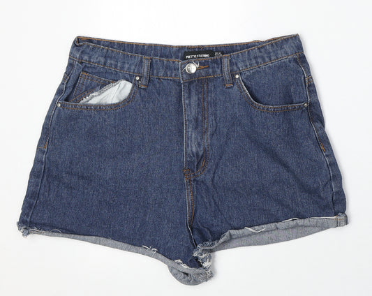PRETTYLITTLETHING Womens Blue Cotton Boyfriend Shorts Size 10 Regular Zip