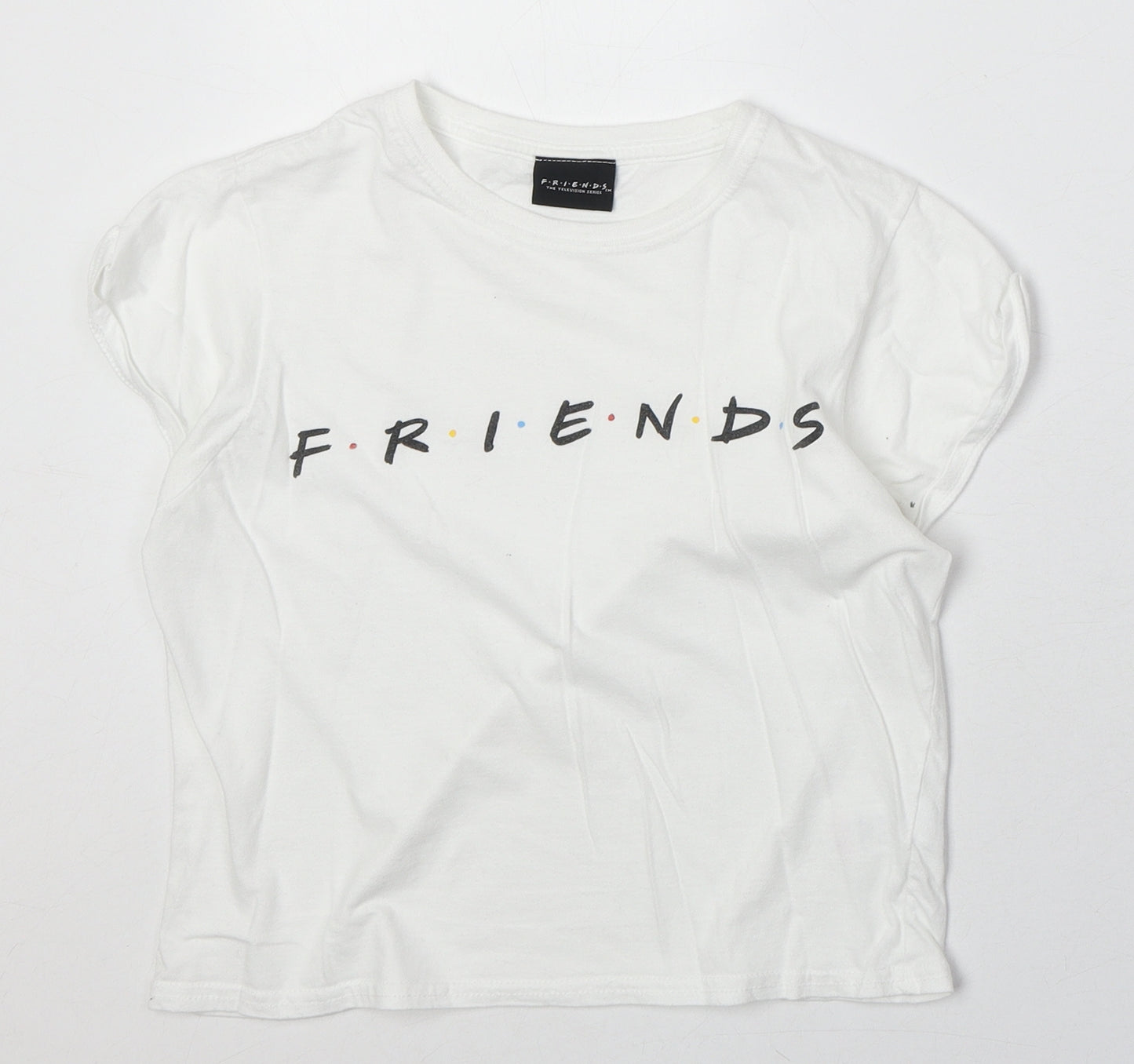 M&Co Girls White 100% Cotton Pullover T-Shirt Size 11-12 Years Round Neck Pullover - Friends