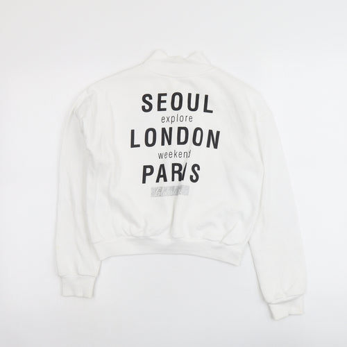 H&M Girls White Cotton Pullover Sweatshirt Size 10-11 Years Zip - Seoul London Paris