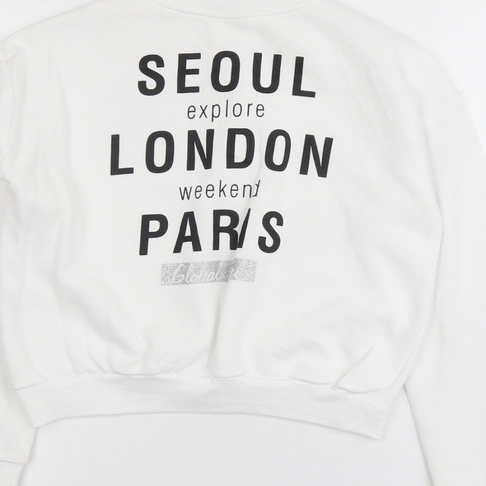 H&M Girls White Cotton Pullover Sweatshirt Size 10-11 Years Zip - Seoul London Paris