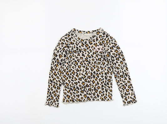 Zara Girls Beige Animal Print Cotton Basic T-Shirt Size 5 Years Round Neck Pullover - Leopard Print