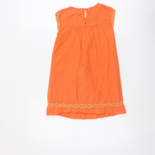 NEXT Girls Orange Cotton A-Line Size 5 Years Boat Neck Button - Crocheted Lace Detail
