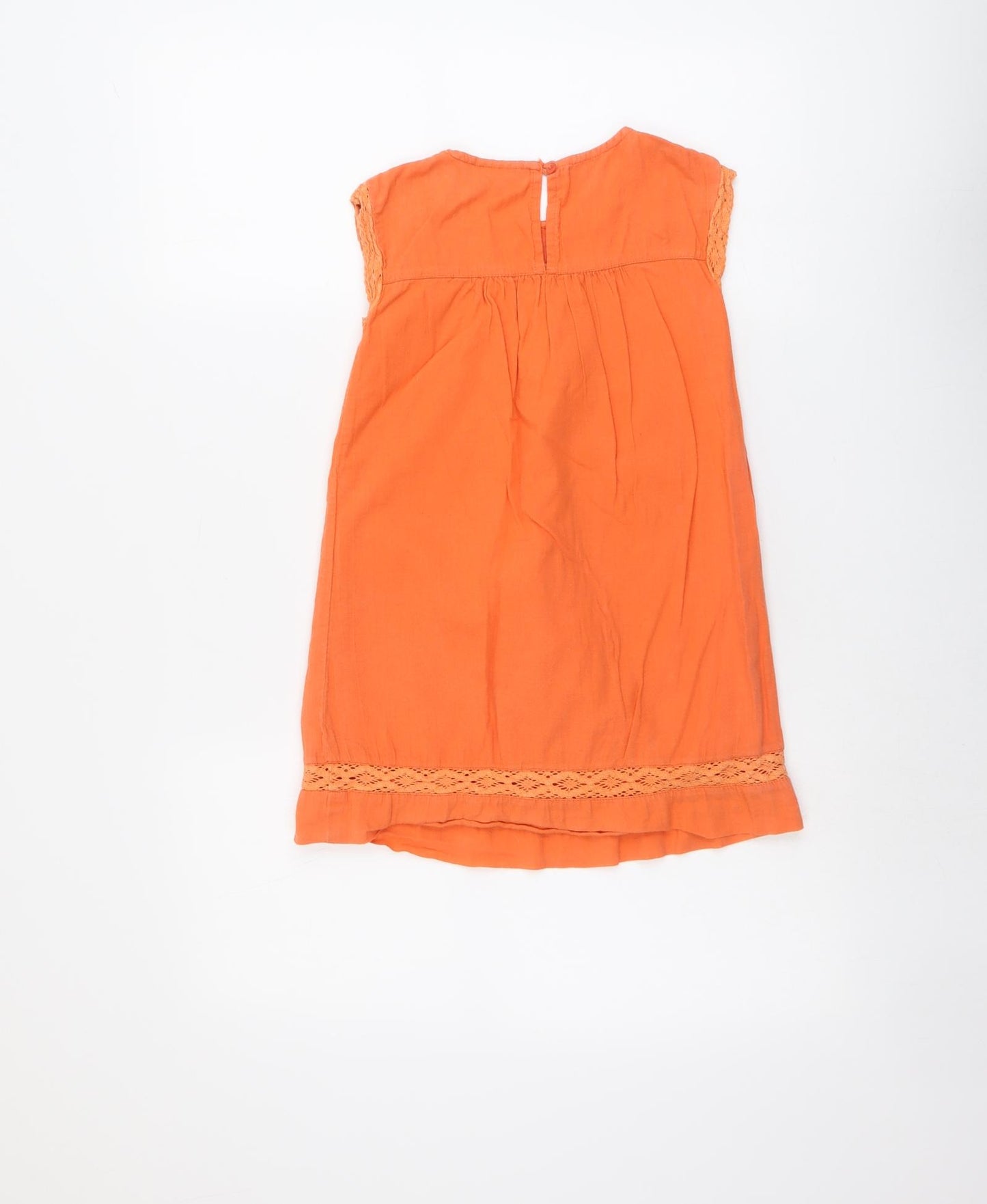 NEXT Girls Orange Cotton A-Line Size 5 Years Boat Neck Button - Crocheted Lace Detail