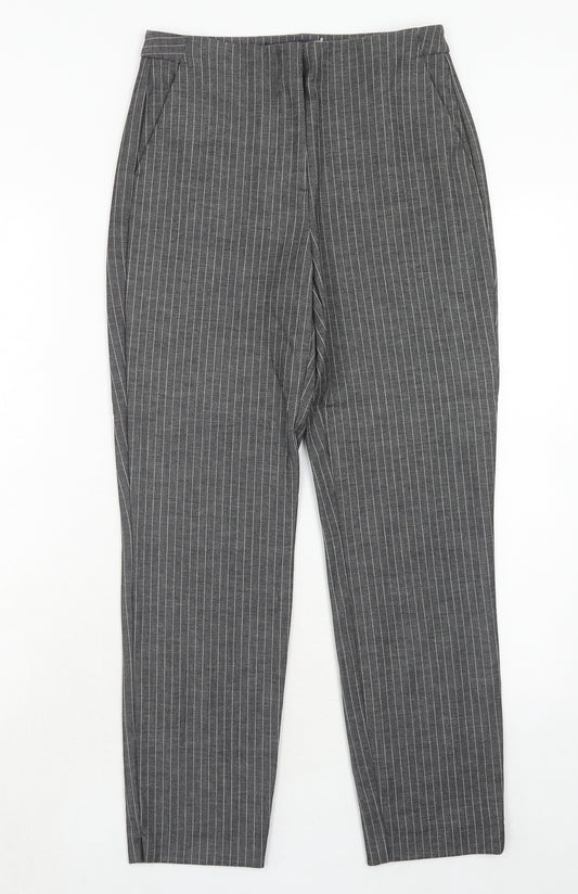 Marks and Spencer Womens Grey Striped Polyester Trousers Size 8 Regular Hook & Eye