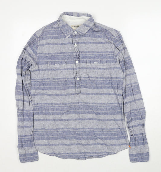 Pull&Bear Mens Blue Striped Polyester Polo Size S Collared Pullover