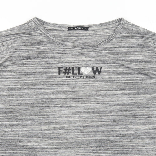 Terranova Womens Grey Polyester Basic T-Shirt Size L Round Neck - Follow Me To The Moon