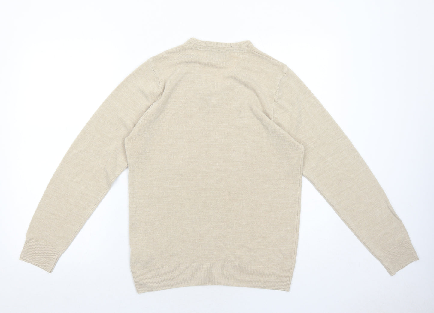 Marks and Spencer Mens Beige V-Neck Acrylic Pullover Jumper Size S Long Sleeve