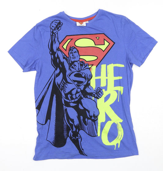 Superman Boys Blue Cotton Basic T-Shirt Size 13-14 Years Round Neck Pullover - Superman