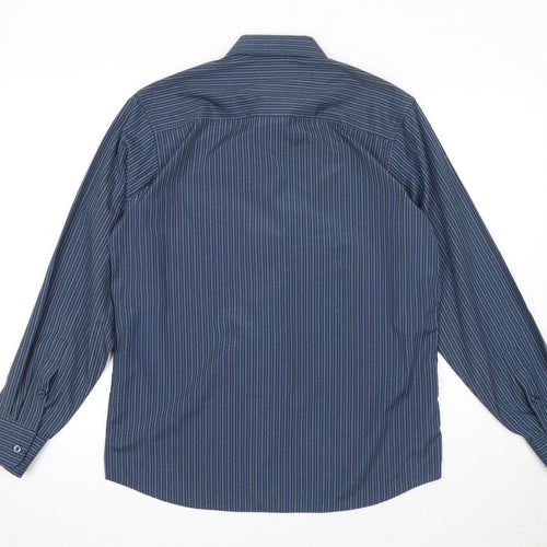 Pierre Cardin Mens Blue Striped Polyester Button-Up Size M Collared Button