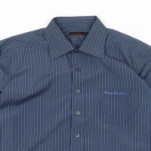 Pierre Cardin Mens Blue Striped Polyester Button-Up Size M Collared Button