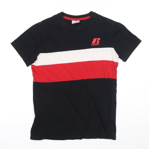 Russell Athletic Boys Black Striped Cotton Basic T-Shirt Size 10-11 Years Round Neck Pullover