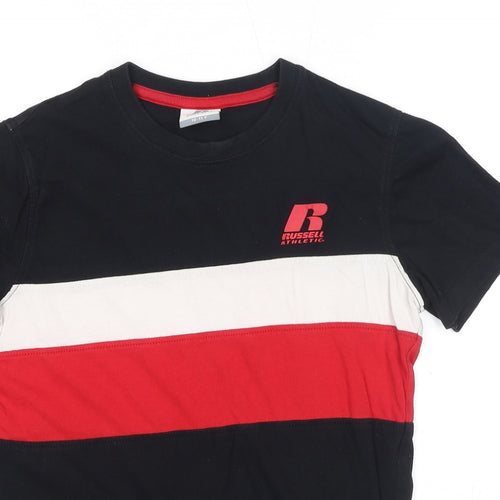 Russell Athletic Boys Black Striped Cotton Basic T-Shirt Size 10-11 Years Round Neck Pullover