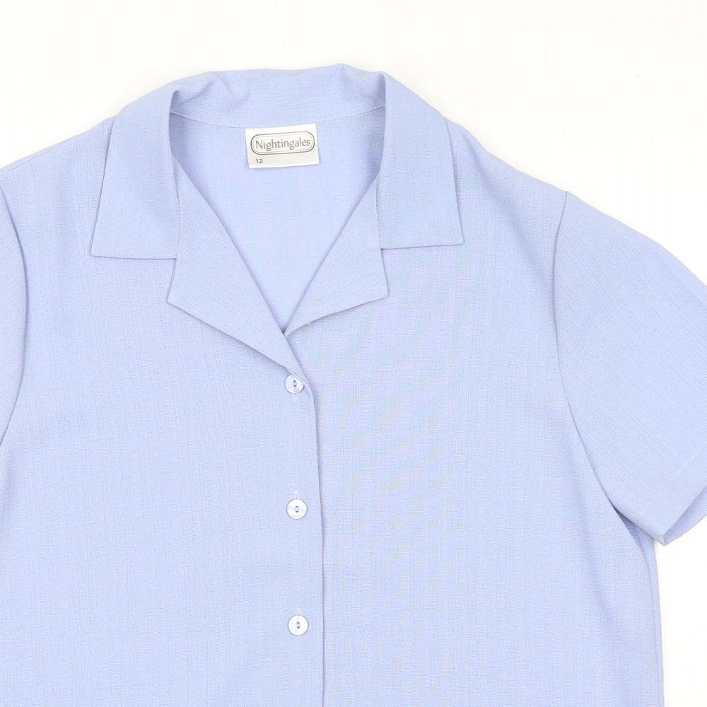 Nightingales Womens Blue Polyester Basic Button-Up Size 12 Collared