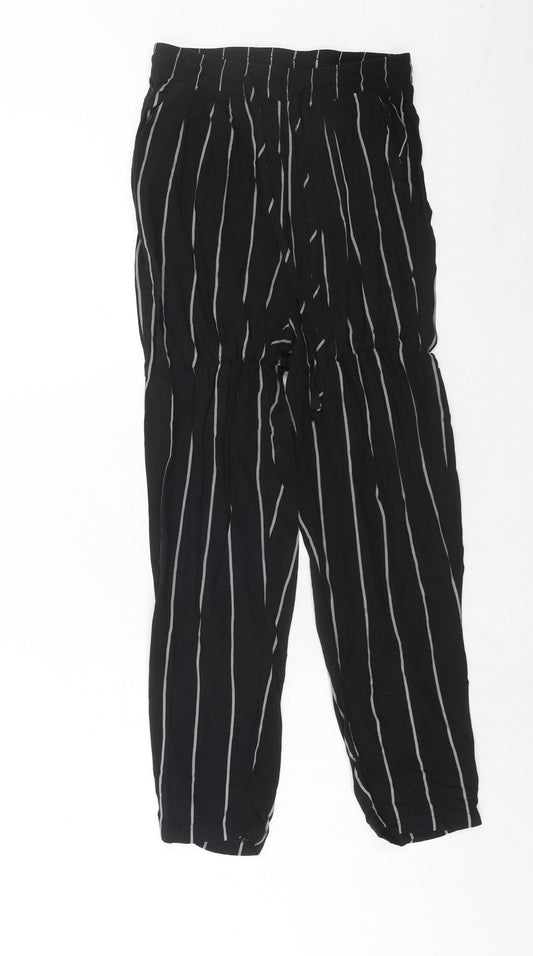 PRETTYLITTLETHING Womens Black Striped Viscose Trousers Size 8 Regular Drawstring