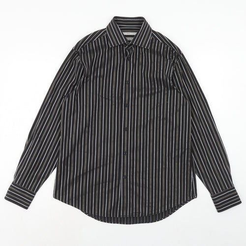 NEXT Mens Black Striped Cotton Button-Up Size 15.5 Collared Button