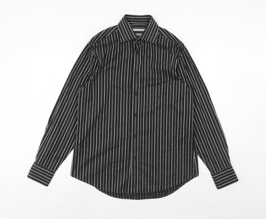 NEXT Mens Black Striped Cotton Button-Up Size 15.5 Collared Button