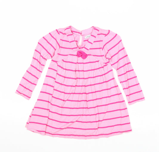 Ladybird Girls Pink Striped Viscose T-Shirt Dress Size 2-3 Years V-Neck Button