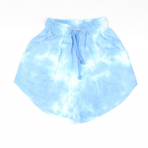 PRETTYLITTLETHING Womens Blue Geometric Polyester Sweat Shorts Size 4 Regular Drawstring