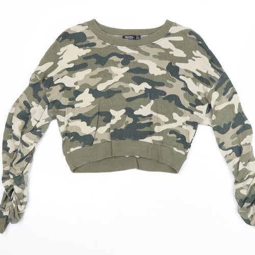 Bershka Womens Green Camouflage Polyester Pullover Sweatshirt Size S Pullover - Gathered Sleeves