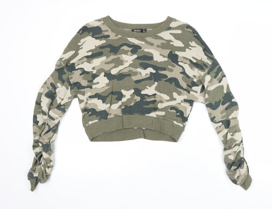 Bershka Womens Green Camouflage Polyester Pullover Sweatshirt Size S Pullover - Gathered Sleeves