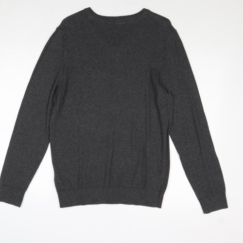 bonprix Mens Grey V-Neck Cotton Pullover Jumper Size M Long Sleeve