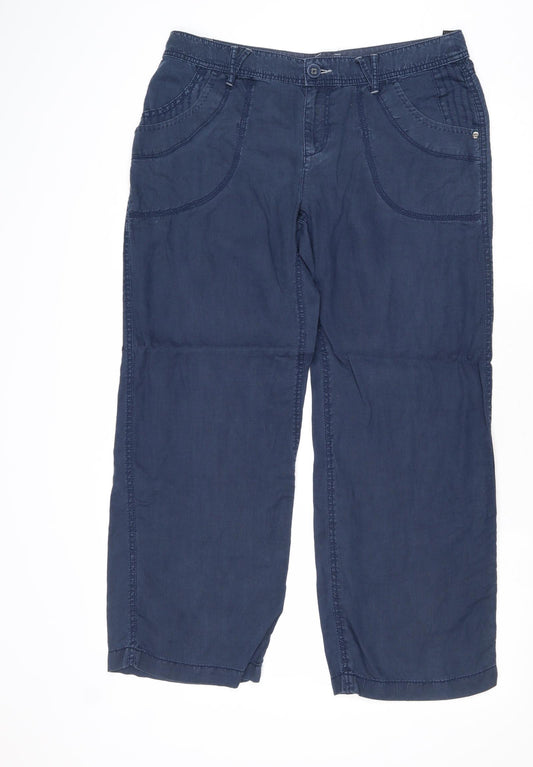 Marks and Spencer Womens Blue Herringbone Linen Trousers Size 14 Regular Zip