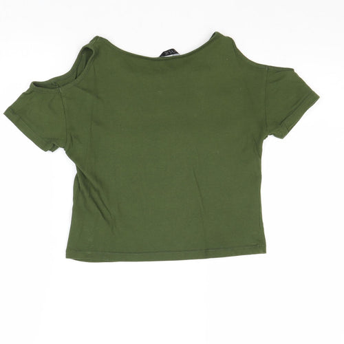 M&Co Girls Green Cotton Basic T-Shirt Size 11-12 Years Round Neck Pullover - Paris, New York, Cold Shoulder