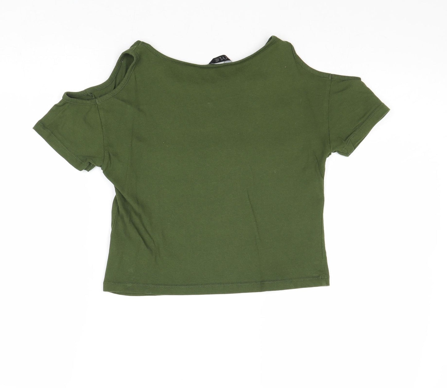 M&Co Girls Green Cotton Basic T-Shirt Size 11-12 Years Round Neck Pullover - Paris, New York, Cold Shoulder